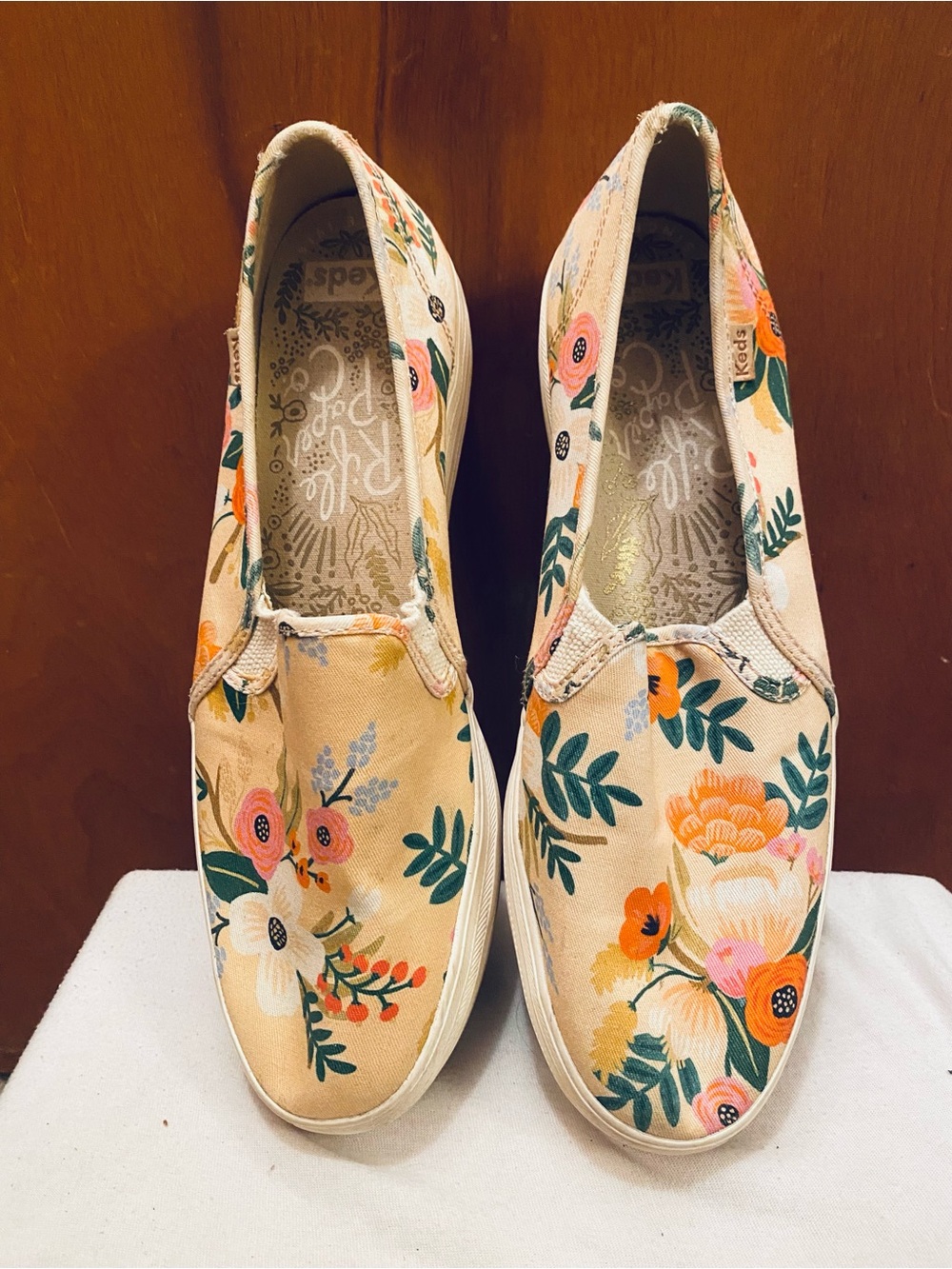 Keds/Rifle Paper Co. Peach Floral Slip-On Sneakers - Green & Orange Accents